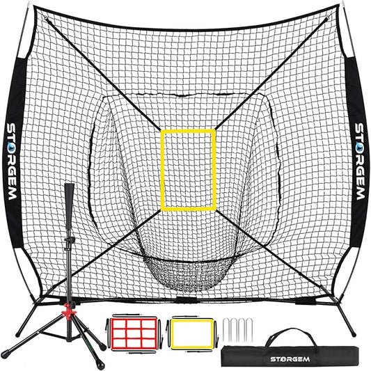 Storgem Baseball and Softball Practice Net 7×7ft Portable Hitting Pitching Batting Training Net Baseball Backstop Net with Batting Tee and Strike Zone and Bow Frame