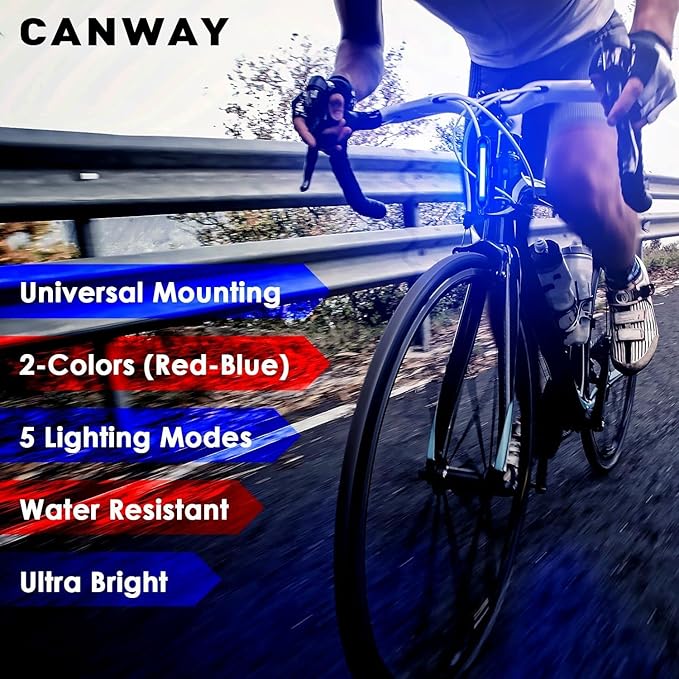 Canway Bicycle Rear Light Red/Blue, Bike Tail Light Rechargeable 168 Lumens Bike Tail Light Battery USB C 500mah Turn Signals 5 Modes Waterproof Safety for Road Mountain Night Riding