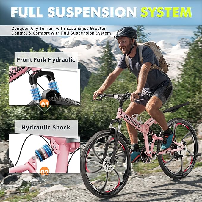 26 inch Folding Mountain Bike, Carbon Steel Frame and 21 Speed, Double Disc Brake and Dual Suspension Folding Bike for Adults/Men/Women, Easy Assembly Bicycle(Black/Green/Orange)