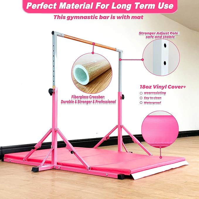 MARFULA Gymnastic Bar for Kid and Teenage Ages 3-25, 5 FT / 8 FT Base Length, 4 FT Width 5 FT Height, Gymnastic Kip Bar Horizontal Bar for Gymnast, Gymnastic Training Equipment for Home and Club Use