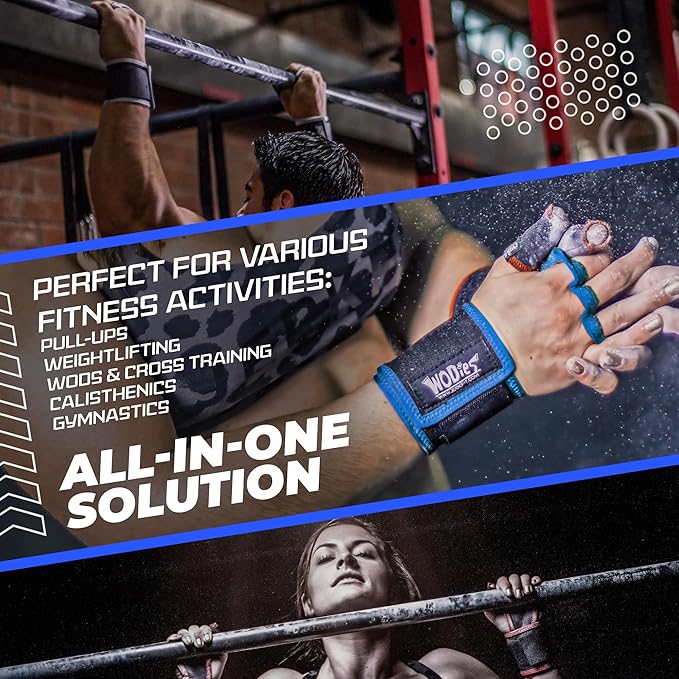 JerkFit WODies Gymnastics & Weightlifting Grips with Wrist Wraps – 3 Hole Versatile Gym Gloves for Pull Ups, Gym Training & Cross Training – Hand Grips Palm Protector for Men & Women