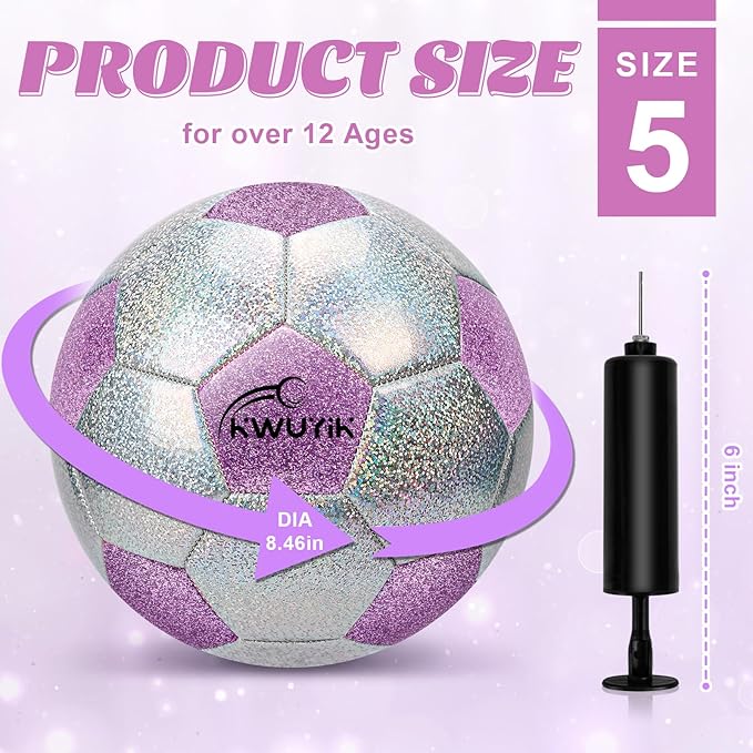 Soccer Ball Size 3 4 5 Glitter Pink Purple Silver with Pump Toddler Soccer Ball for Kids Aged 3-6 6-8 8-12 Outdoor Training Ball for Girls Boys Children Youth Teens