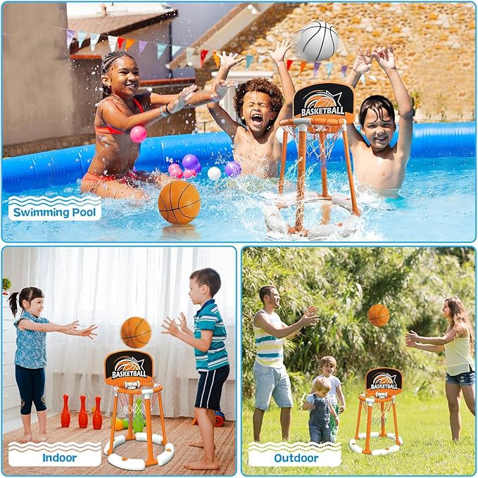 Pool Basketball Hoop with Backboard, Floating Basketball Hoop for Pool with 4 Balls & Pump, Pool Toys for Kids and Adults