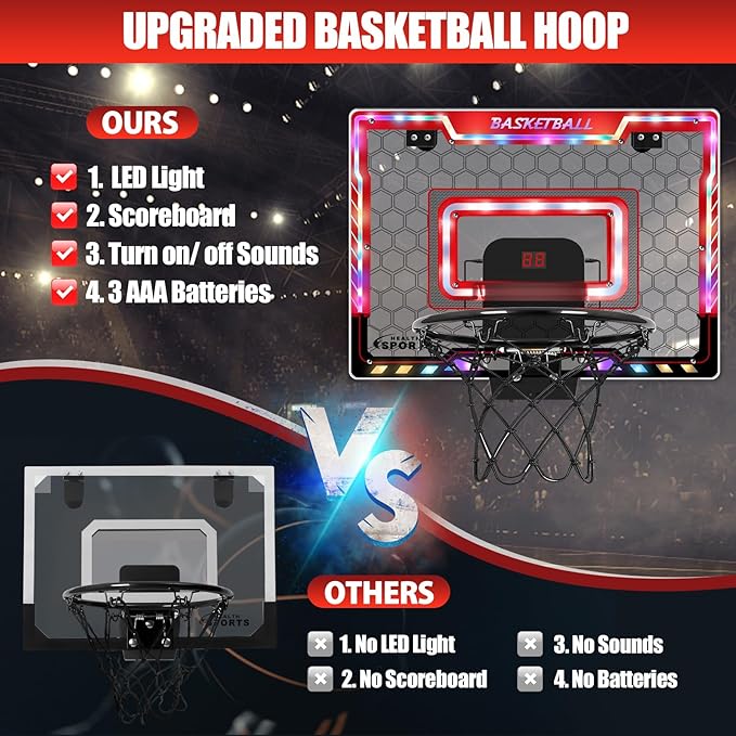 AOKESI Basketball Hoop Indoor for Kids,Portable Mini Basketball with Light,Electronic Scoreboard Over The Door Sport Basketball Toys Christmas Birthday Gift for 3-12 Year Old Boys Girls Adults