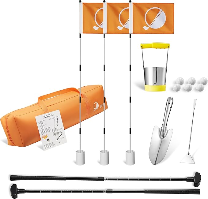 Golf & Mini Golf Complete Setup, 3X Pin Flags & Putting Green Hole Cups, 2X Adjustable Putters, Digger, Hole Cutter & More, for Grass Backyard, Beach, Driving Range Gift Set