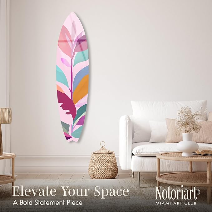 Bold Modern Color Leaf II Surfboard Acrylic Wall Art Die-Cut Coastal Modern High-Gloss Home Decor, 15" x 60"