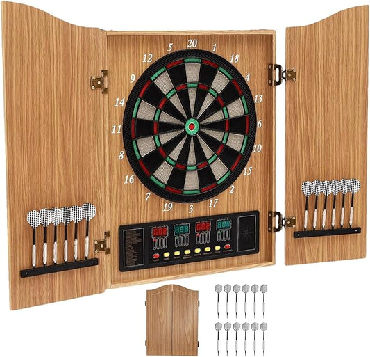 Electronic Dartboard Cabinet Set 4 LED Digital Scoreboards Dart Board with Built-in Cabinet and Dart Storage for 12 Soft Tip Darts Up to 16 Players Over 27 Games with 243 Options for Adults