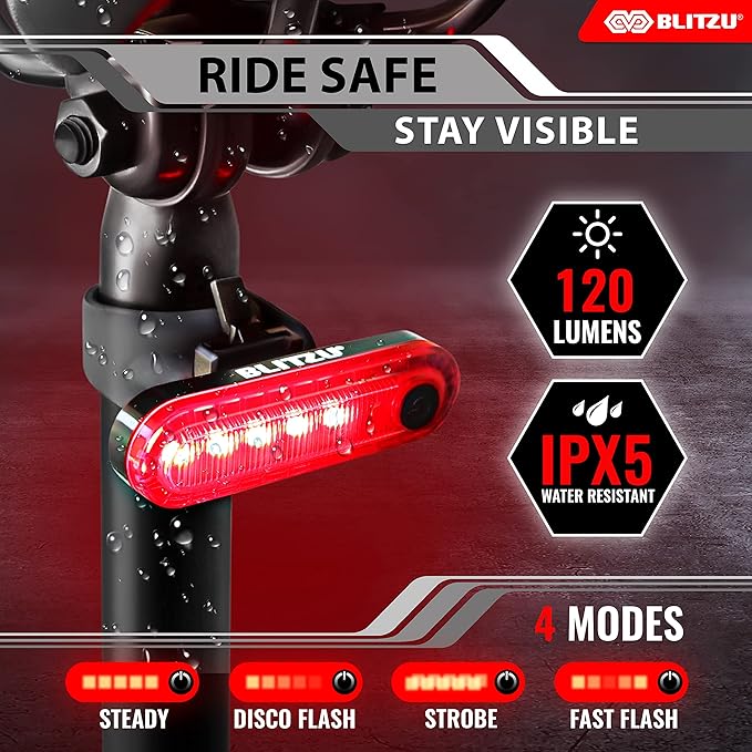 BLITZU USB-C Rechargeable Bike Tail Light 2 Pack, Bright Bicycle Rear Cycling Safety Flashlight Accessories for Night Riding, Cyborg 120T, 4 Light Modes for Adults Kids Men Women Road Mountain