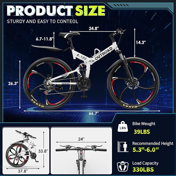 26 inch Folding Mountain Bike, Carbon Steel Frame and 21 Speed, Double Disc Brake and Dual Suspension Folding Bike for Adults/Men/Women, Easy Assembly Bicycle(Black/Green/Orange)