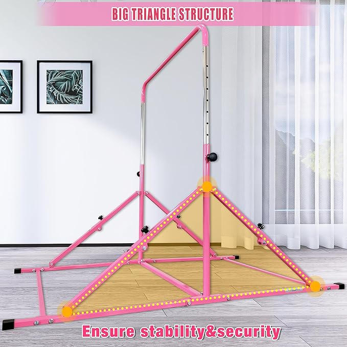 MARFULA Foldable Gymnastic Bar for Kids Ages 3-12, 9 Height Levels, 200 lbs Weight Capacity, 5 Ft Length Gymnastic Kip Bar with Mat, Gymnastic Equipment for Home and Gym Center Indoor Outdoor Use