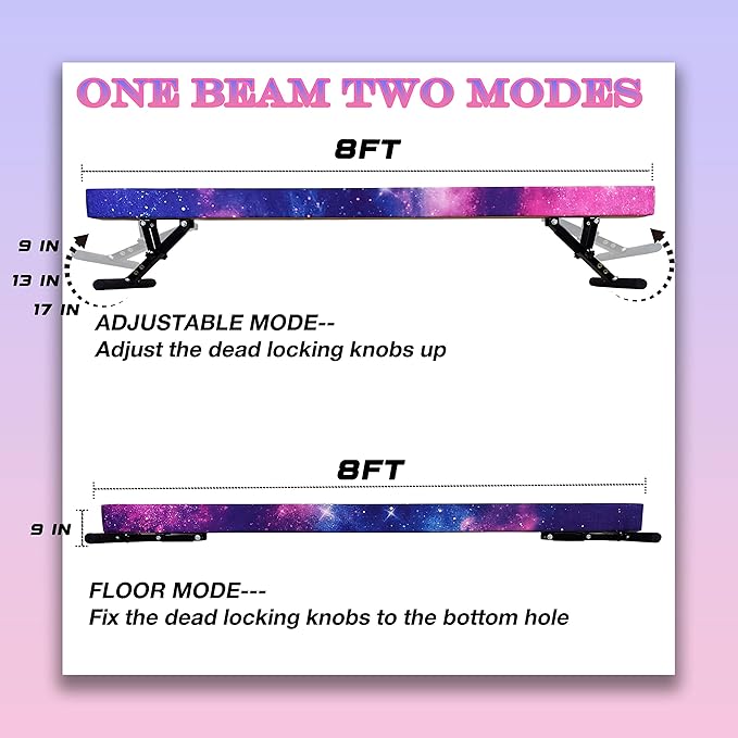 Adjustable Balance Beam Gymnastics Beam 8 FT Adjustable Height Beams for Kids, High and Low Floor Beams,Gymnastics Equipment for Kids Adults Training at Home and Gym Center