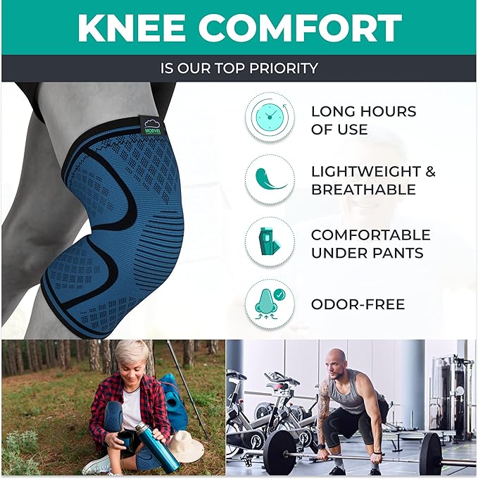 Modvel 2 Pack Knee Brace for Women & Men - Workout Knees Compression Sleeve for Knee Pain Relief Joint Support for ACL, Arthritis, Meniscus Tear Knees Brace for Sports, Rodilleras para Gym Fitness