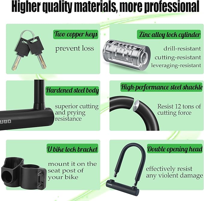Oversized Bike U Lock Set Heavy Duty Anti Theft Bike Lock with 4FT Steel Cable Bicycle U Lock with Keys Mounting Bracket for Road, Mountain, Electric & Folding Bike