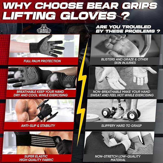 Bear Grips Weight Lifting Gloves for Men & Women | Half Finger Lifting Gloves | Full Finger Workout Gloves for Men | No Finger Exercise Gloves l Compression Weightlifting Gloves | Gym Gloves for Men
