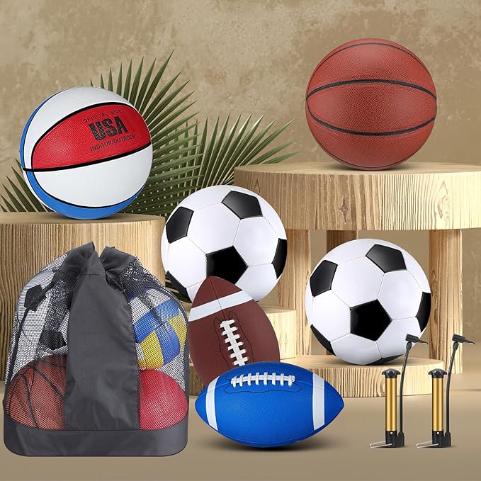 Lenwen 6 Pcs Sport Balls Set for Kids Teens, Include Official Size Basketball Football Soccer Ball with Sport Equipment Bags and Pumps for Training Practice Back to School