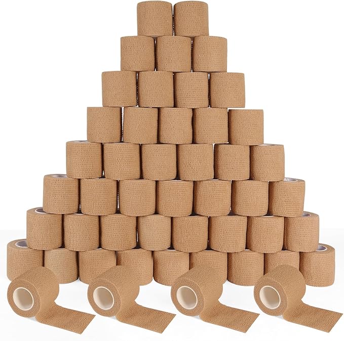 48 Pack 2” x 5 Yards Self Adhesive Bandage Wrap, Elastic Breathable Cohesive Bandage Wrap Athletic Stretch Tape for Wrist Ankle Sports (Brown)