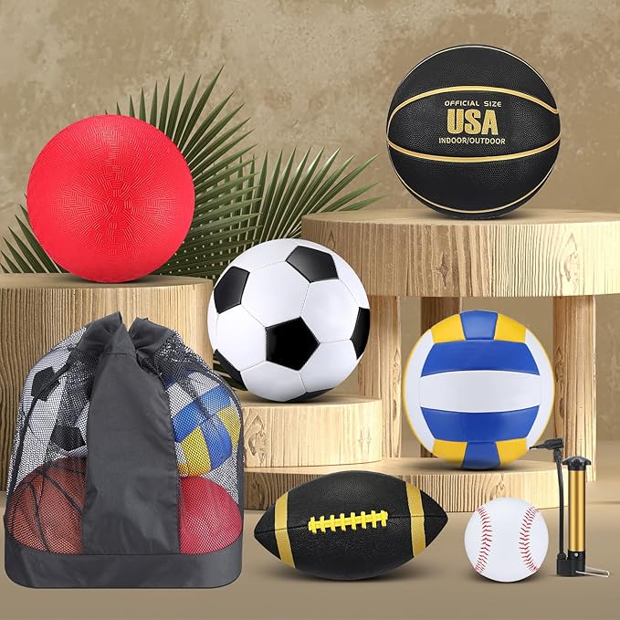 Libima 6 Pcs Multi Sport Ball Set Official Size Football, Basketball, Soccer, Volleyball, Playground Ball, Baseball with Sports Equipment Bag Pump for Teen Adult Back to School