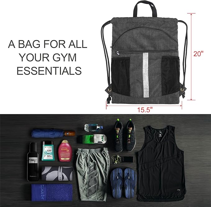 BeeGreen Drawstring Backpack Bag with Shoe Compartment, X-Large Black Gym Sports String Cinch Backpack