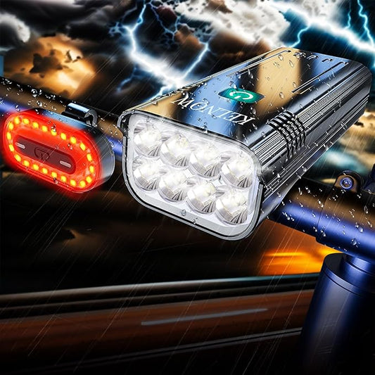 Bike Lights for Night Riding, 10000mah Bike Lights 30H+ Runtime, Super Bright LED USB Rechargeable Headlight and Taillight, IPX6 Waterproof Bicycle Light【2025 Upgrade Combination】