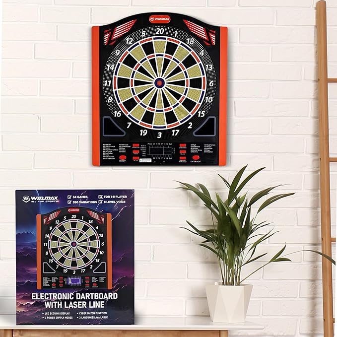 Electronic Dart Board Set, Illuminated Electronic Soft Tip Dartboard with LED Sidelamp, Laser Toe Line, 34 Games with 350 Variations Digital Dartboard Set, up to 8 Players, 5 Levels, Batteries/Adapter