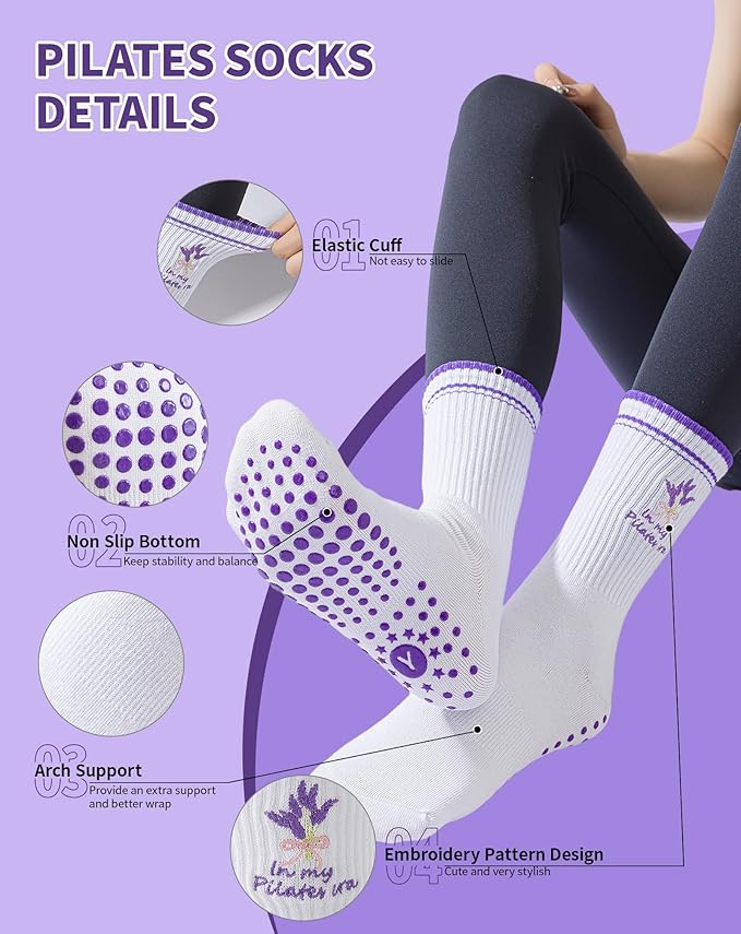 Yawlsow Pilates Grip Socks for Women Yoga Grippy Socks Cute Barre Non Skid Athletic Crew Sticky Sock Workout Hospital