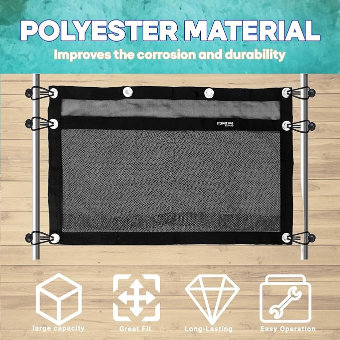Boat Storage Bag,Polyester Boat Mesh Suspended Storage Bag,Black Boats Storage Mesh Pocket,Boat Seat Storage Bag for Leaning Post with 6 Positioning Elastic Loops. (24" L x 15" W)