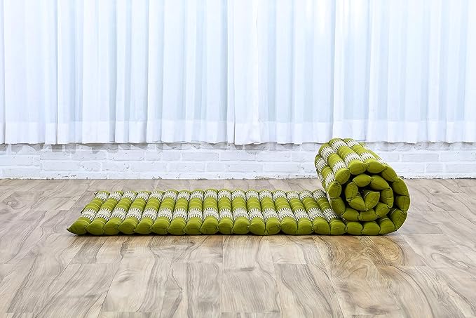 Leewadee - Foldable Floor Mattress - Japanese Roll Up Futon -Trifold Tatami Mat- Guest Floor Bed - Camping Mattress - Thai Massage Mat, Kapok Filled, 75 x 28 inches, Green
