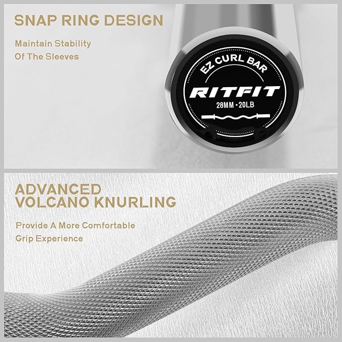 RitFit 2 Inch EZ Curl Bar with Weights, 700LBS Weight Capacity Olympic Curl Barbell for Bicep, Tricep and Weight Lifting Exercises