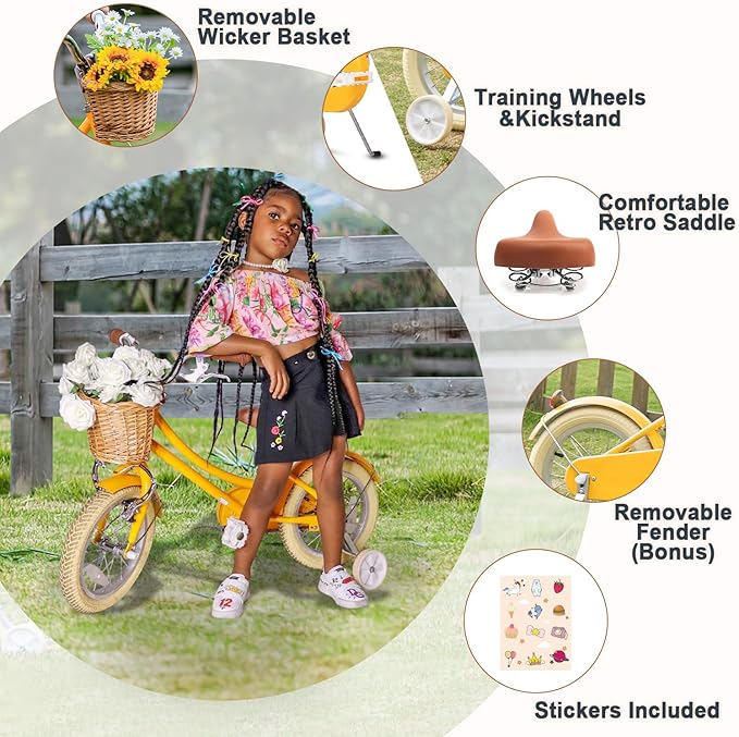 Glerc Little Molly 12-20 Inch Kids Retro Cruiser Bike for 2-13 Year Old with Wicker Basket & Training Wheels/Kickstand, Multiple Colors