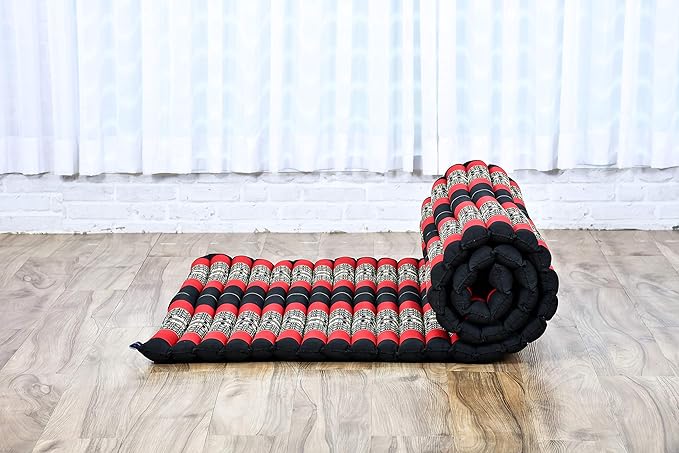 Leewadee - Kapok Roll Mat – Handcrafted Folding Sleep & Relaxation Mattress from Thailand, Ideal as Guest Bed, Camping Mat, Yoga Mat or Traditional Futon, 75 x 39 inches, Black Red