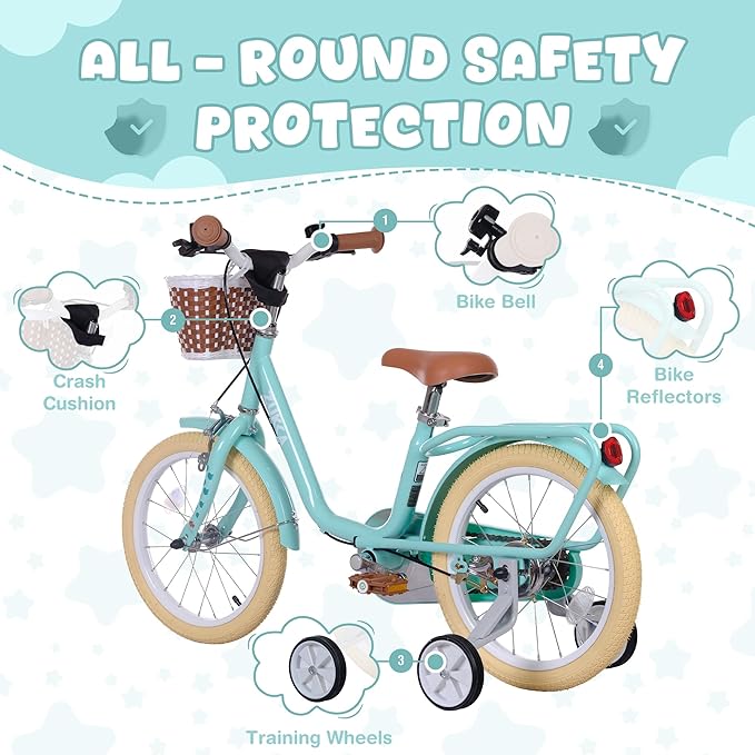 Kids Bike 16 inch Boys Girls Ages 4-7 Years Old Cruiser Bicycle with Woven Basket Single Speed for Youth Caliper Brake Band Brake Rear Rack Included Multiple Colors