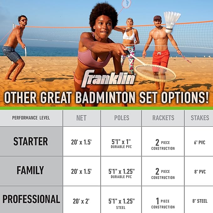 Franklin Sports Badminton Set - Portable Badminton Set - Adult and Kids Badminton Net - Perfect Backyard/Lawn Game - Includes 4 Badminton Racquets - Intermediate