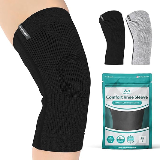 BraceAbility Knee Compression Sleeve - Knit Knee Pain Brace for Men and Women, Arthritis Relief, Meniscus Tear, Running, Workout, Sports, Swelling, Athletic Support for Joint Stability (XS/S Black)