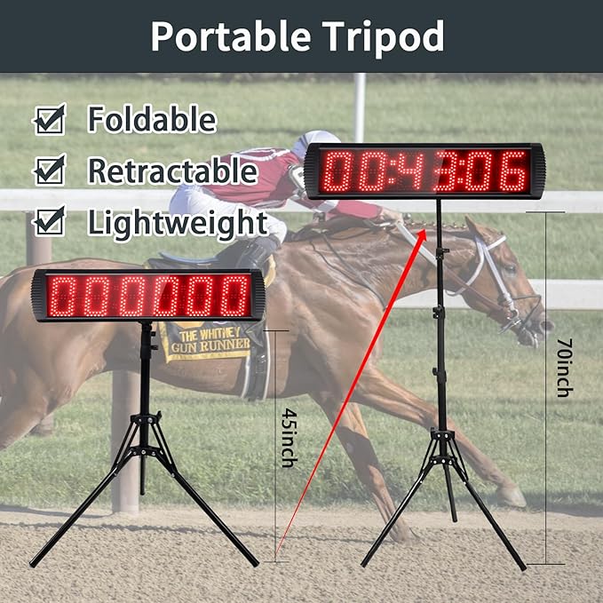 Portable 5 inch High 6 Digits LED Race Clock with Tripod for Running Events, Countdown/up Digital Race Timer, 12/24-Hour Clock,LED Stopwatch by Remote Control