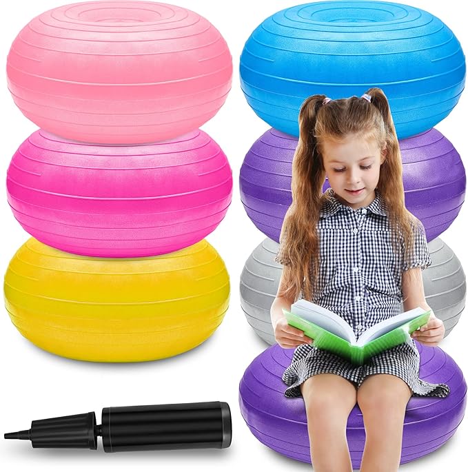Lewtemi 6 Pcs Flexible Seating for Classroom Elementary 20 Inch Yoga Ball Chairs Large Inflatable Donut Exercise Ball Chair Stability Balance Trainer with Inflator for Kids Student(Mixed Color)