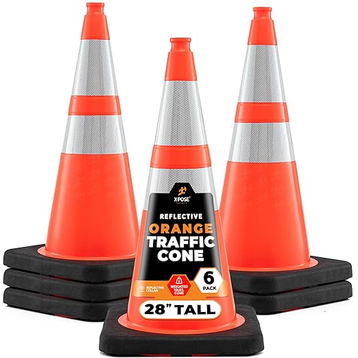Xpose Safety 28 Inch Orange Traffic Cones Heavy Duty 10lb with 6" & 4" Collars, 6 Pack - Multipurpose PVC Plastic Safety Cone for Parking, Soccer, Caution, Kids and Construction - DOT Approved