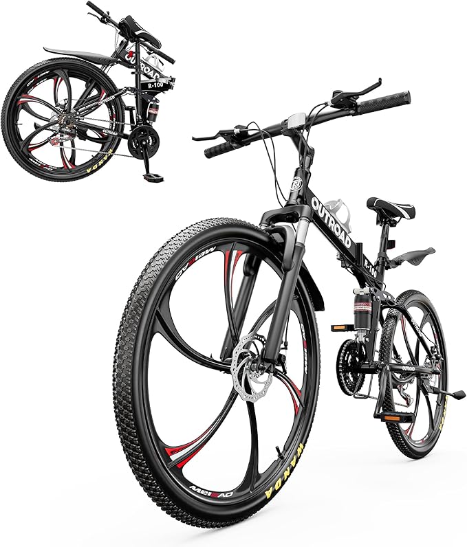 26 Inch Folding Mountain Bike, 21 Speed Full Suspension Bicycle with High-Carbon Steel, Dual Disc Brake Non-Slip Quick Release tire Folding Bicycle for Adults/Men/Women
