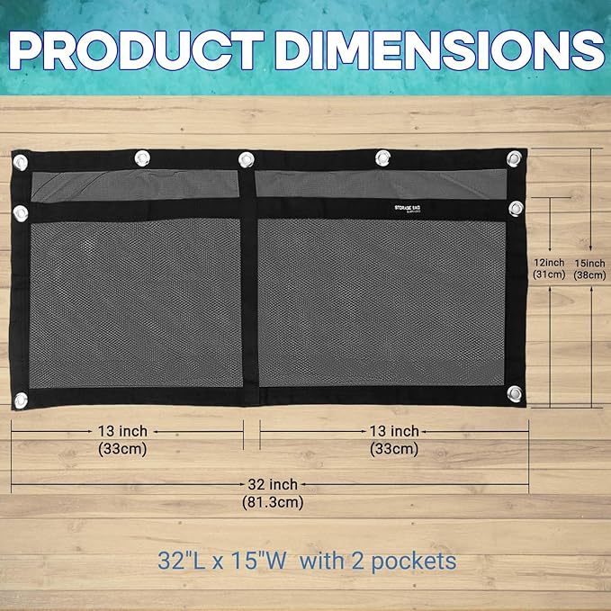 Boat Storage Bag,Polyester Boat Mesh Suspended Storage Bag,Black Boats Storage Mesh Pocket,Boat Seat Storage Bag for Leaning Post with 6 Positioning Elastic Loops. (32" L x 15" W (2 Pockets))