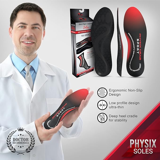 Physix Gear Orthotic Insoles for Men & Women - Arch Support Orthotics Insole, Orthopedic Insoles, Inserts for Men & Women, Foot Insoles for Plantar Fasciitis Comfort, Shoe Insert, Feet, Red/Black, XS