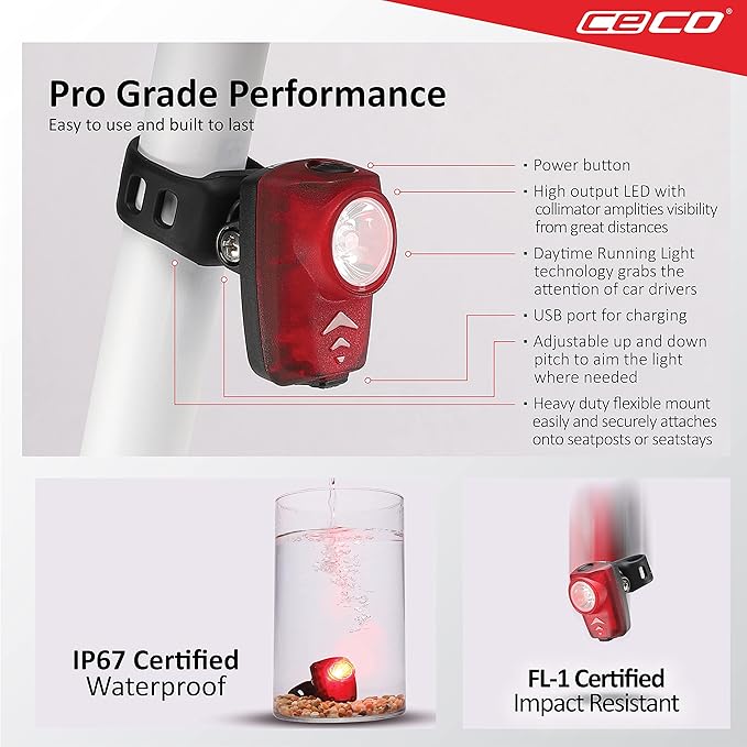 CECO-USA: 150 Lumen Super Bright USB Rechargeable Bike Tail Light - IP67 Waterproof, FL-1 Impact Resistant - Pro Grade Quality Bike Tail Light - Red Bicycle Back Light
