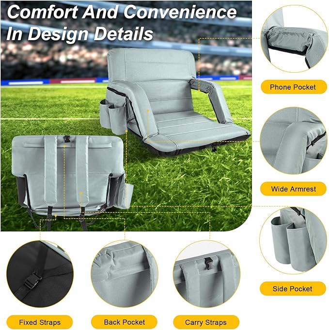 Stadium Seats with Back Support Wide, Exclusive Bleacher Chairs with Back and Cushion Folding Stadium Chairs, 6 Reclining Positions Waterproof Bleacher Seats with 2 Hooks (Wide|22.5" Grey)