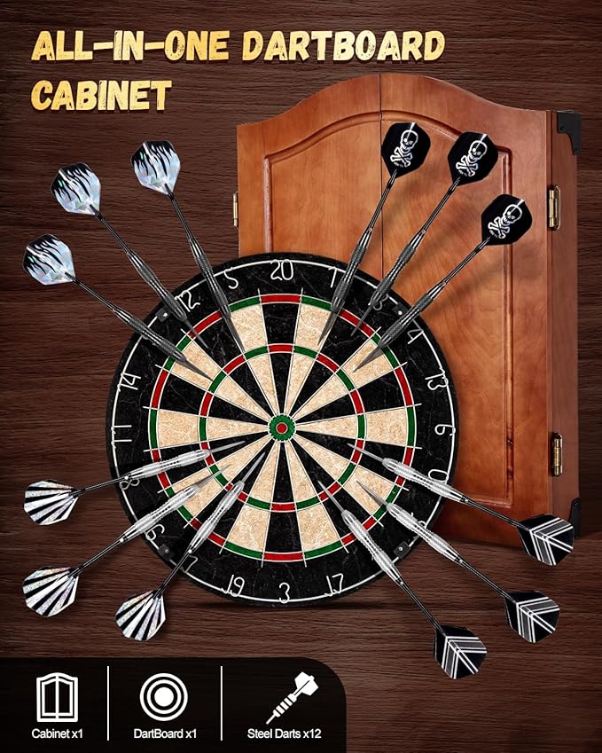 Sisal Dart Board Cabinet Sets, Decorative Dart Boards for Adults [12*Steel Darts] - Wooden Dartboard Cabinet with Integrated Scoreboard for Family Game Rooms
