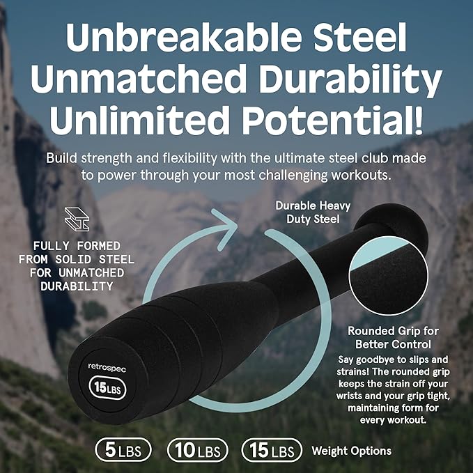Retrospec Grip Steel Club Strength Training, Rehabilitation, Stretching, Conditioning and Rotational Training - 5, 10, 15lb Options for Women & Men
