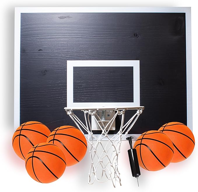 CALIKIWIPROS Mini Basketball Hoop Set Pro League Decorative Solid Wood Wall Mount, Includes 9’ Hoop & 5 mini Basketballs, Classic Look with Colors Matching Some pro Teams.