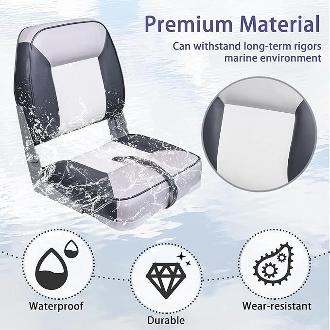 Folding Boat Seat Low Back Boat Chair Marine Bass Jon Fishing Boat Seats 2 Pack, White/Gray/Charcoal