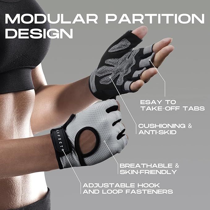 LIFECT Essential Breathable Workout Gloves, Weight Lifting Fingerless Gym Exercise Gloves with Curved Open Back, for Powerlifting, Women and Men