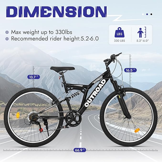 Outroad 26 Inch Mountain Bike, 7-Speed/High-Carbon Steel/Aviation Grade Frame with V Brake, Adjustable Ergonomic Seat Bicycle for Men Women Adult, MTB with Shock Absorption System