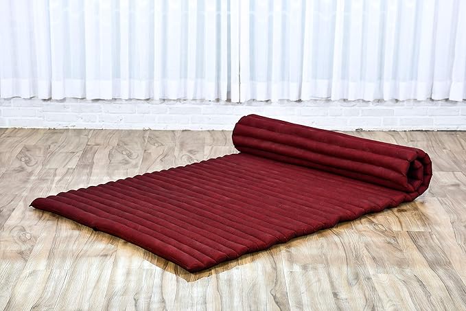 Leewadee - Kapok Roll Mat – Handcrafted Folding Sleep & Relaxation Mattress from Thailand, Ideal as Guest Bed, Camping Mat, Yoga Mat or Traditional Futon, 75 x 39 inches, Red