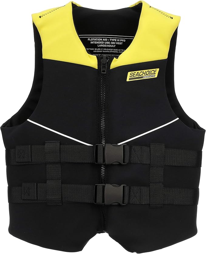 Seachoice Neoprene Multi-Sport Vest, Yellow/Black, Large Size, Fits 40-44 in. Chest, Coast Guard Type III
