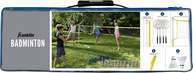 Franklin Sports Badminton Net Sets - Outdoor Backyard + Beach Badminton Net + Equipment Set - (4) Rackets + (2) Birdies + Portable Net Included - Adults + Kids Set